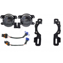 Morimoto XB Hard Rock LED Fog Light Kit Components ; Shown with Optional Plug-N-Play Harnesses